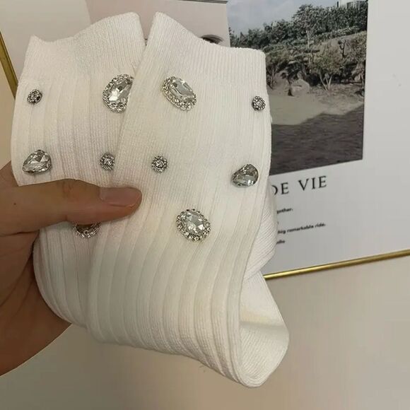 4 Pairs Rhinestone Decor Mid Tube Socks - Picture 2 of 9